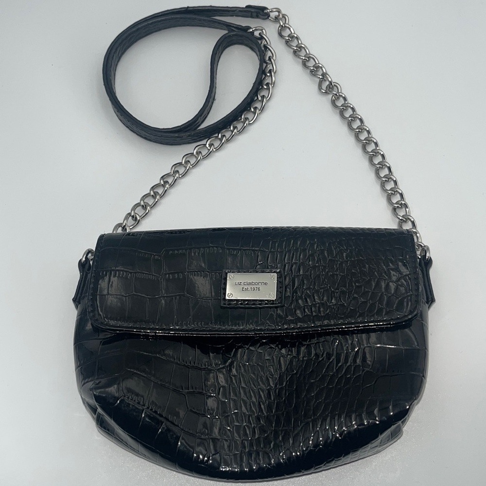 Liz Claiborne Black Croc-Embossed Crossbody Bag w/Chain/Faux Leather Strap